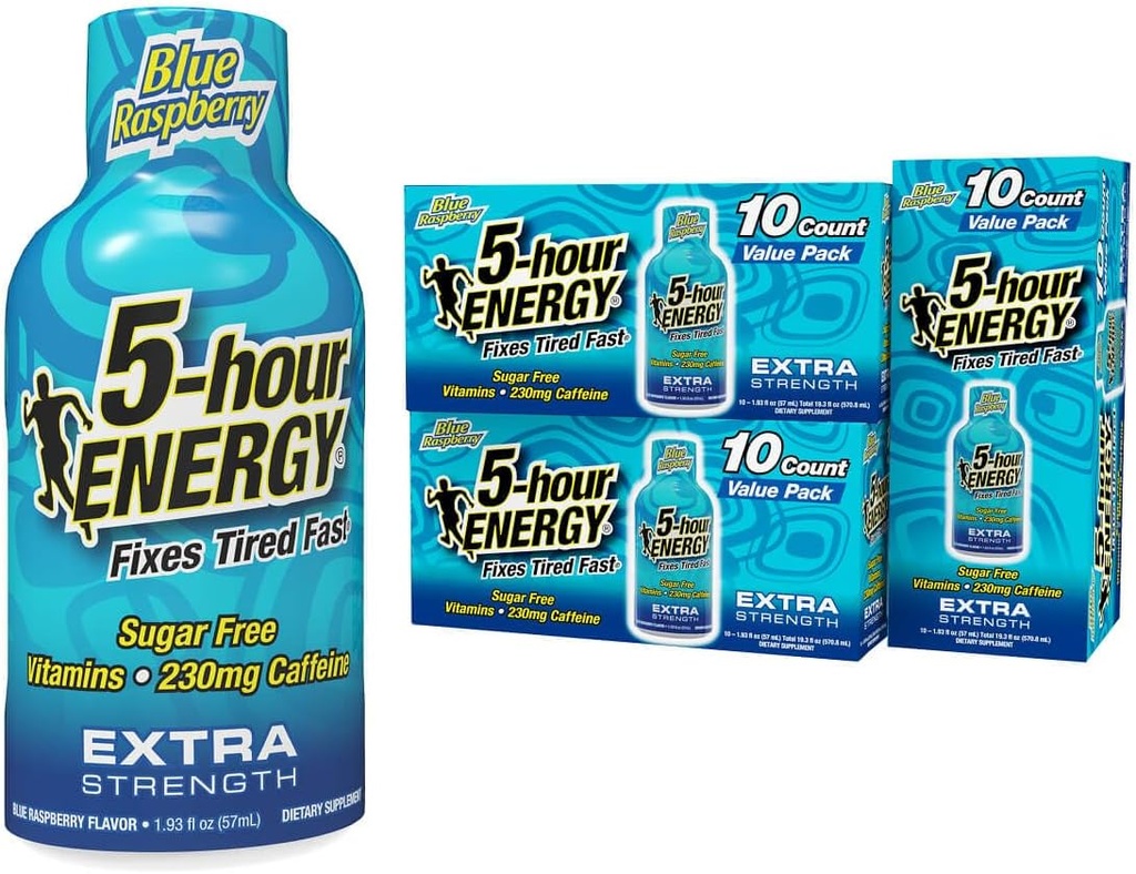 5-hour ENERGY Shots Extra Strength, Blue Raspberry Flavor, 30 Count, 1.93 Fl Oz, Sugar Free, Zero Calories, Amino Acids and Essential B Vitamins, Dietary Supplement, Feel Alert and Energized, 230 mg Caffeine