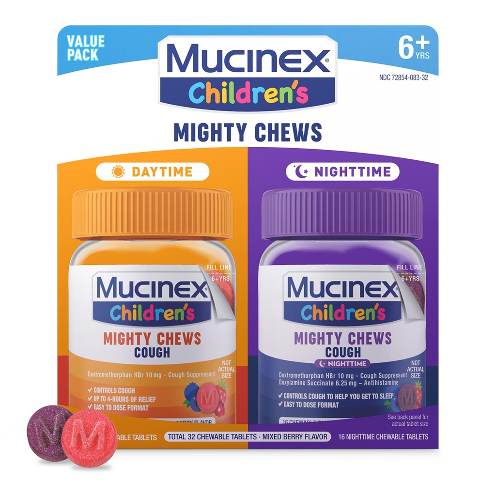 Mucinexの子供のマイティの咀嚼は子供の咳の薬の昼間および夜間価値のパック、Dextromethorphanの子供のための咳の抑制剤を、混合されたベリー味、32の薬された咀嚼可能なタブレットと投げること容易をからかいます