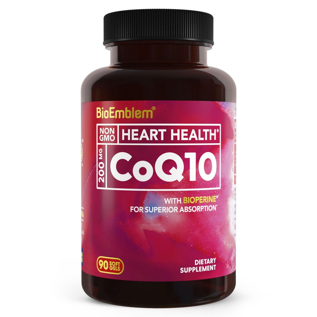 BioPerineとBioEmblem CoQ10 - 200mg Softgels、高吸収 - エネルギー生産、心の健康のためのCoenzyme Q10酸化防止剤 - 自然な形態、非GMO CoQ10の補足- 90の計算