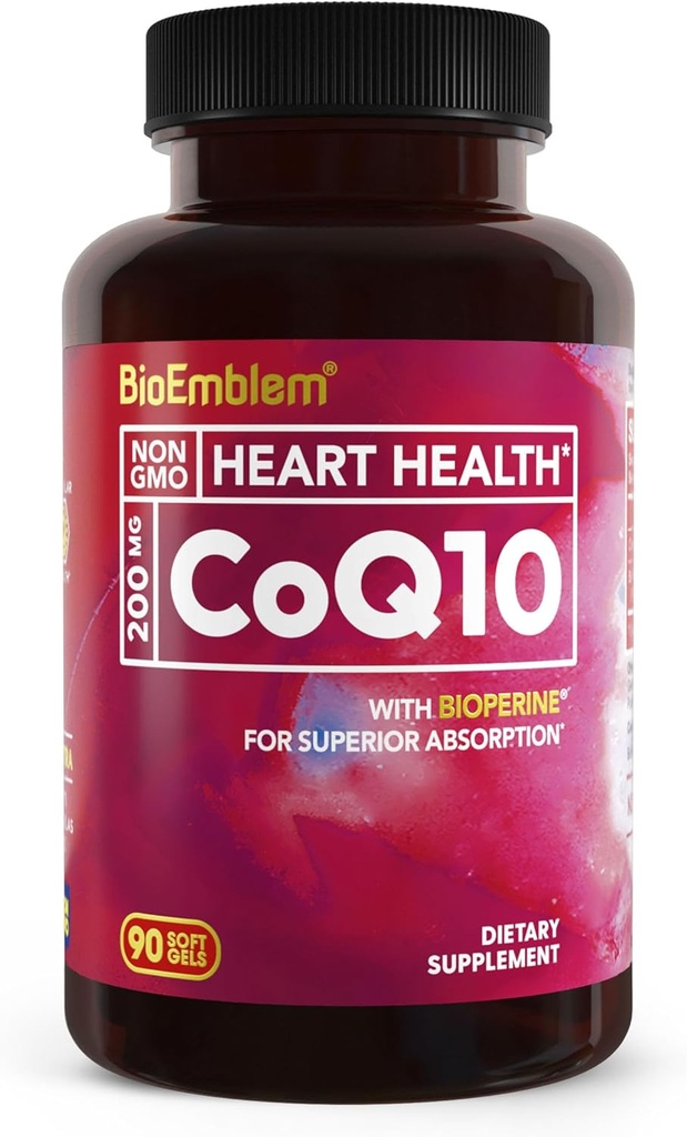 BioPerineとBioEmblem CoQ10 - 200mg Softgels、高吸収 - エネルギー生産、心の健康のためのCoenzyme Q10酸化防止剤 - 自然な形態、非GMO CoQ10の補足- 90の計算
