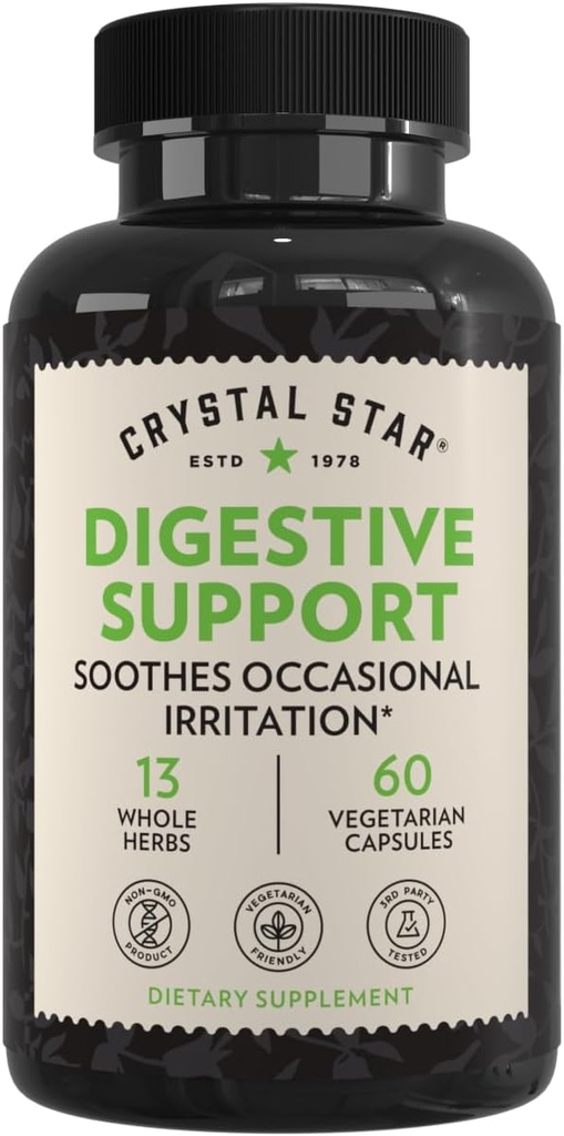 Crystal Star Digestive Support Supplement (60 Capsules) - Herbal Gut Health Supplement That Helps with Occasional Gas & Bloating - Peppermint, Aloe Vera, Slippery Elm & Ginger – Non-GMO