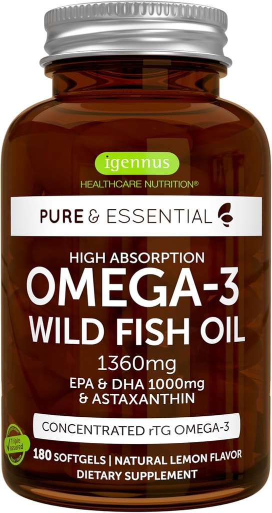 Igennus Ultra Pure Omega 3 Triglyceride rTG Wild Fish Oil 1360mg, IFOS Certified, EPA DHA 1000mg Plus Astaxanthin, Non-GMO, for Men & Women, 180 Softgels