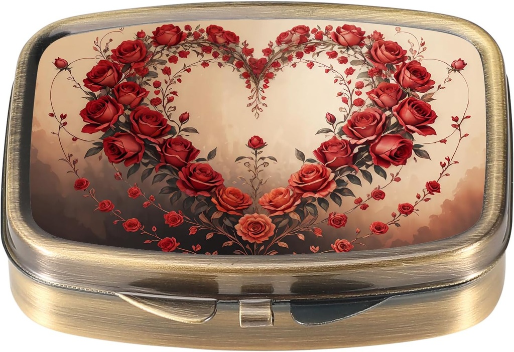 Dynippy Pill Case Pill Box with Mirror Retro Pocket 2 Compartment Medicine Case ビタミン ピル オルガナイザー for Pocket Purse and Travel (Retro-Rose Heart Wreath)