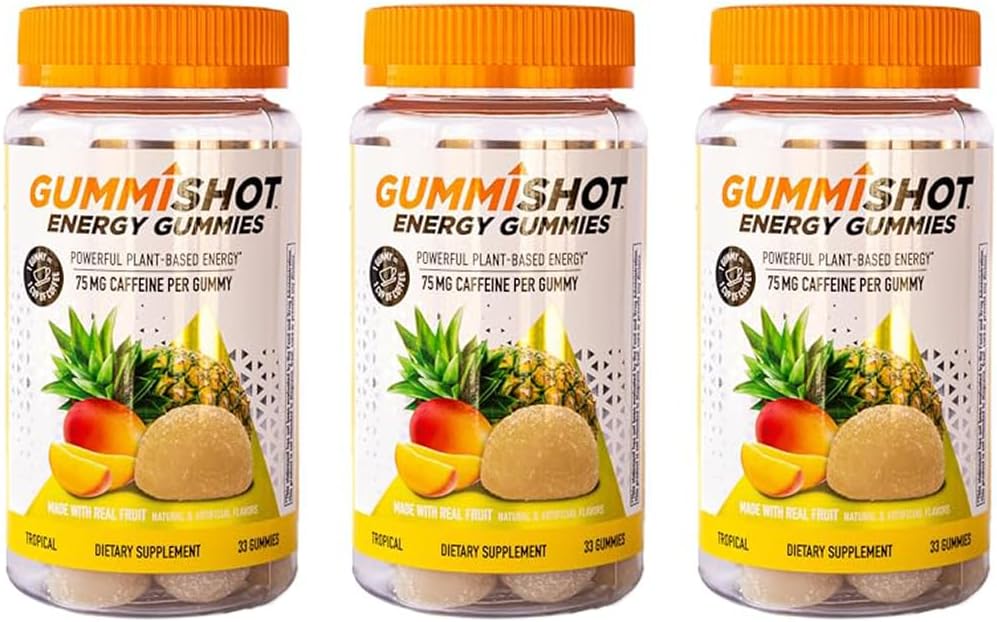 GummiShotエネルギーグミー、2475mgの植物ベースのカフェインシチュー、長持ちするエネルギーブースター、トロピカル33カウント(パッケージ3)