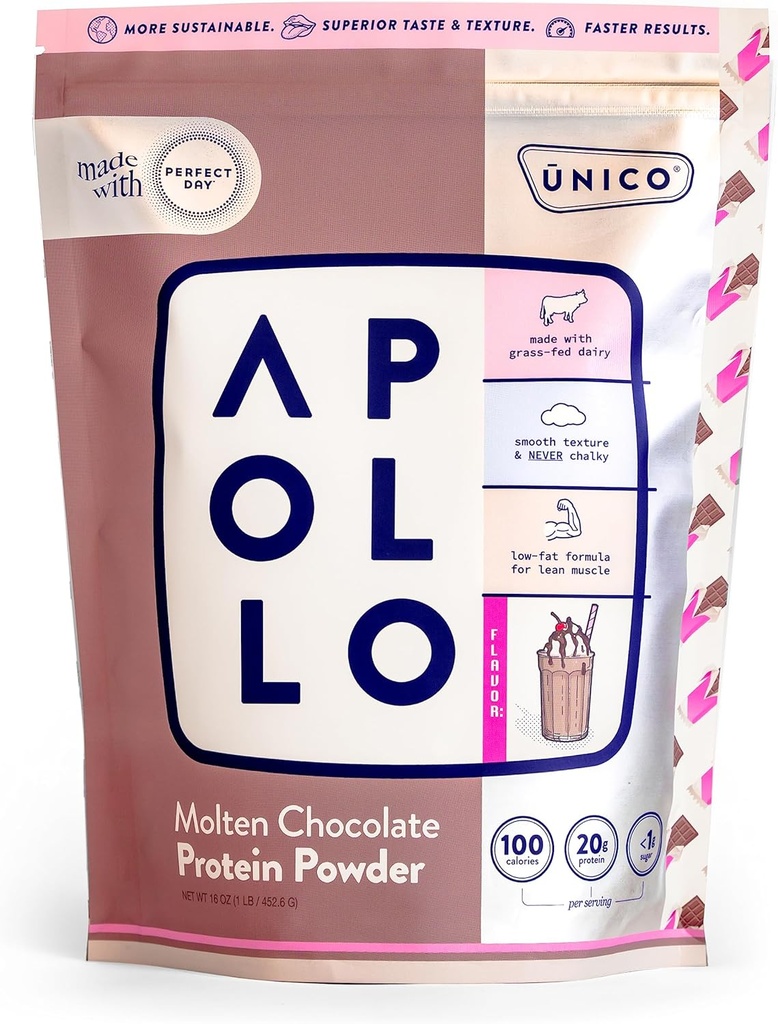 Unico Apollo Moltenチョコレートプロテインパウダー - 20g 100%グラスフェッドウィープロテイン、アルバムエッグン、カゼイン | ノンブロエーション | 低炭水化物・低脂肪 | 16 サービング | ノンキャラキテクスチャ | ベストテイスト