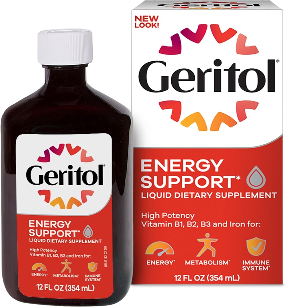 Geritol, Liquid Vitamin and Iron Supplement, Energy Support, Contains High Potency B-Vitamins and Iron, Pleasant Tasting, Easy to Swallow, No Artificial Sweeteners, Non-GMO, 12 Oz