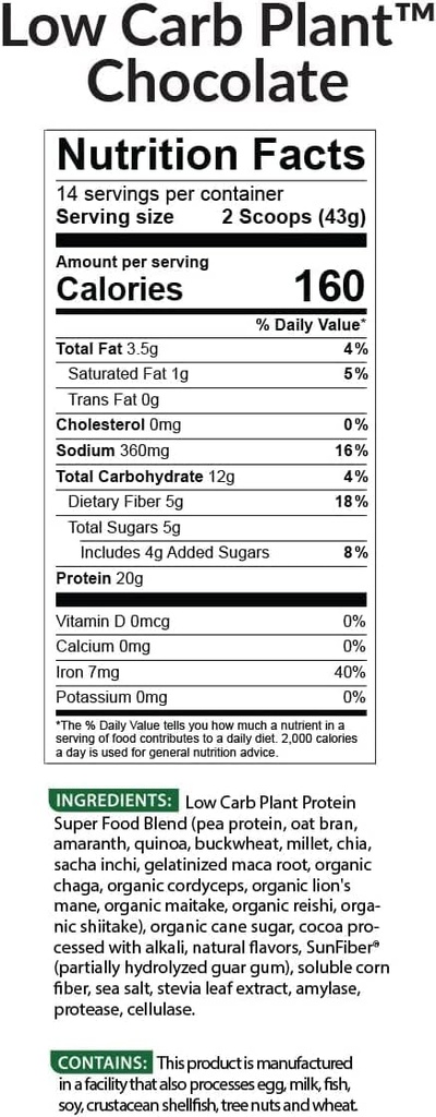 BioTrust 低炭水化物プラント, おいしい, クリーミー, 20 きれいなグラム, 完全, プラントベースのタンパク質, 5 グラム繊維, 15 スーパーフード, 消化酵素, ビーガン, 乳製品フリー - 14 サービング (チョコレート)