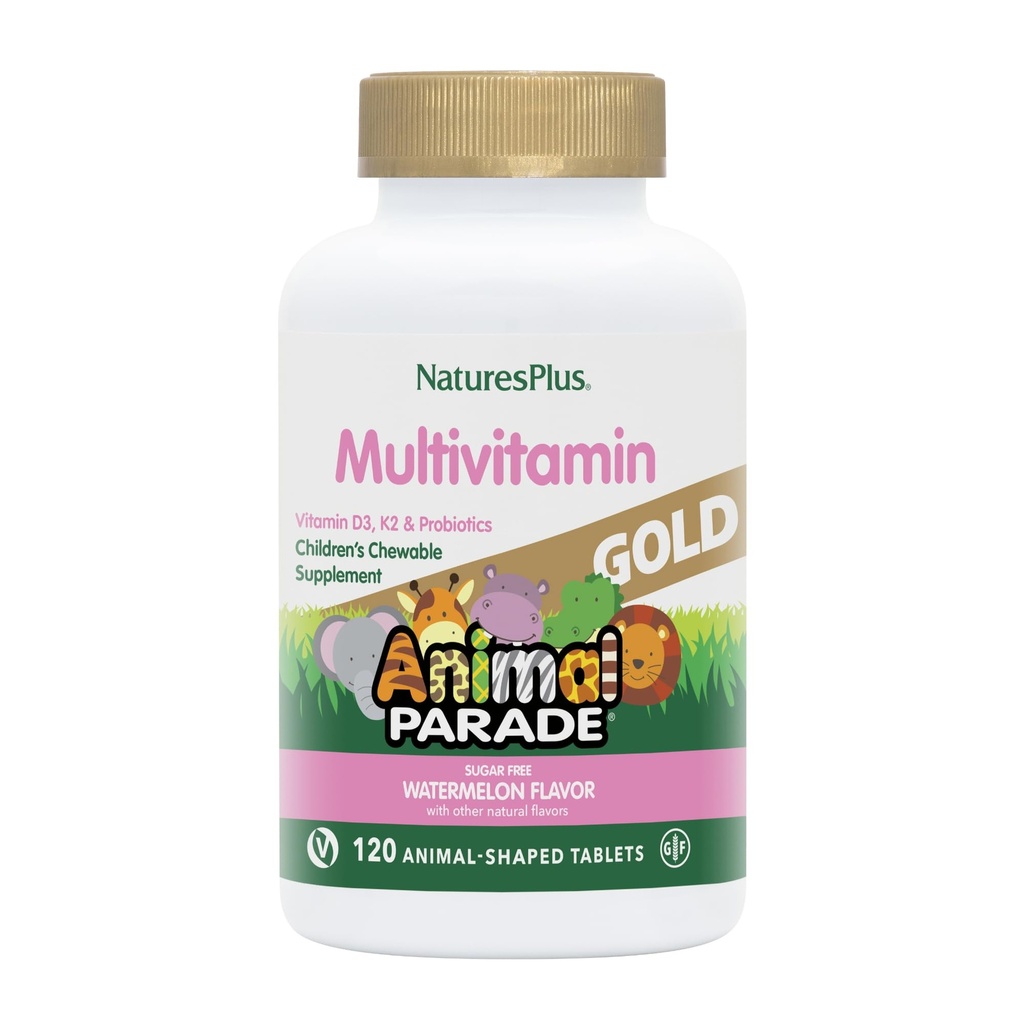 Natures Plus動物のパレードゴールドマルチビタミン子供用咀嚼 - ウォーターメロン風味 - 120動物の形のタブレット - ビタミンD3、K2&プロバイオティクス - ビーガン、グルテンフリー - 60 Totalサービング