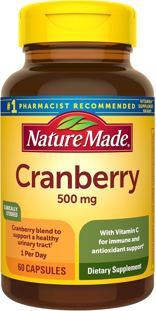 Nature Made Cranberry Supplement 500mg with Vitamin C for Immune & Antioxidant Support, Cranberry Blend for Urinary Tract Health, One Per Day, 60 Capsules