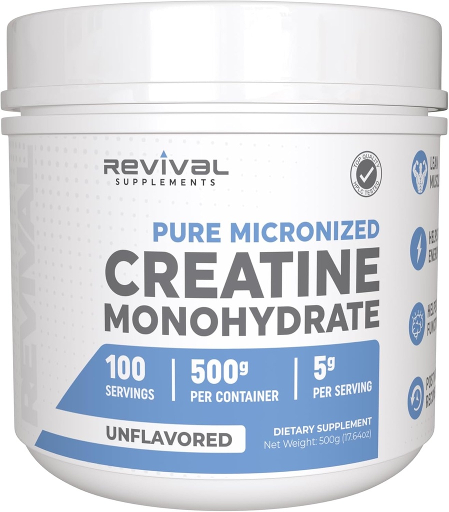 Revival の優れた Micronized のクレアチンの一水化物-高性能液体クロマトグラフィー テストされた 100% の純粋な等級- 500g (100 のサービング) - Lean 筋肉成長を支えて下さい-最高の吸収-非吸収-米国製及び第 3 党実験室によってテストされる