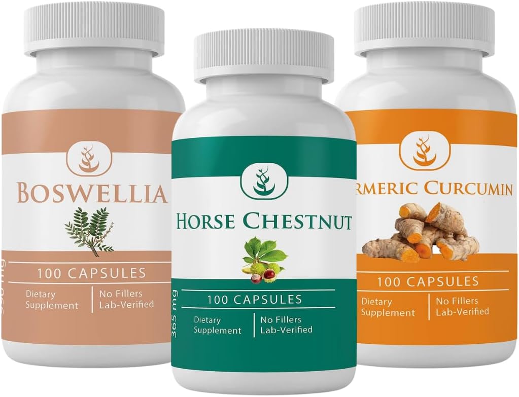 PURE ORIGINAL INGREDIENTS ホースチェストナット、ボスウェリア、およびターメリックカプセルバンドル、各100カプセル、常に純粋な、無添加またはフィラー