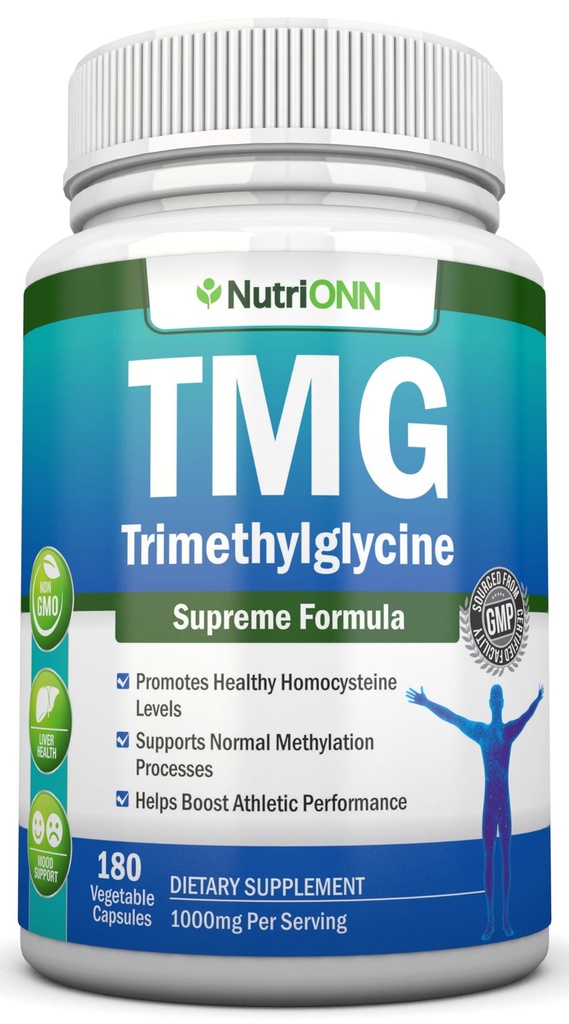 TMG Trimethylglycineサプリメント - 1000mg - 180カプセル - プレミアムピュアベテーヌ無水 - サポートノーマルホモシースタイン&血圧レベル - メチル化プロセスを促進 - 非GMOフォーミュラ