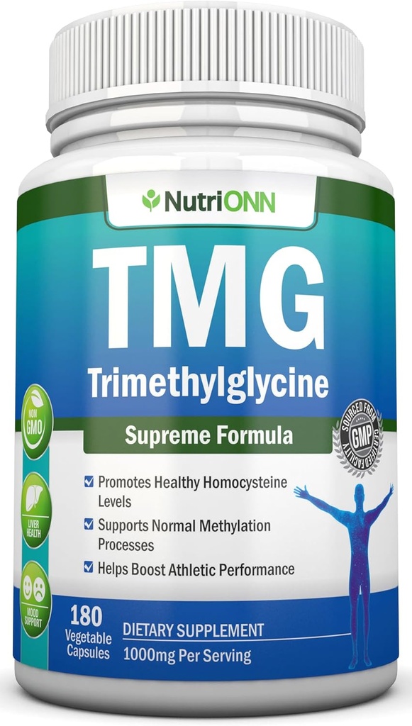 TMG Trimethylglycineサプリメント - 1000mg - 180カプセル - プレミアムピュアベテーヌ無水 - サポートノーマルホモシースタイン&血圧レベル - メチル化プロセスを促進 - 非GMOフォーミュラ