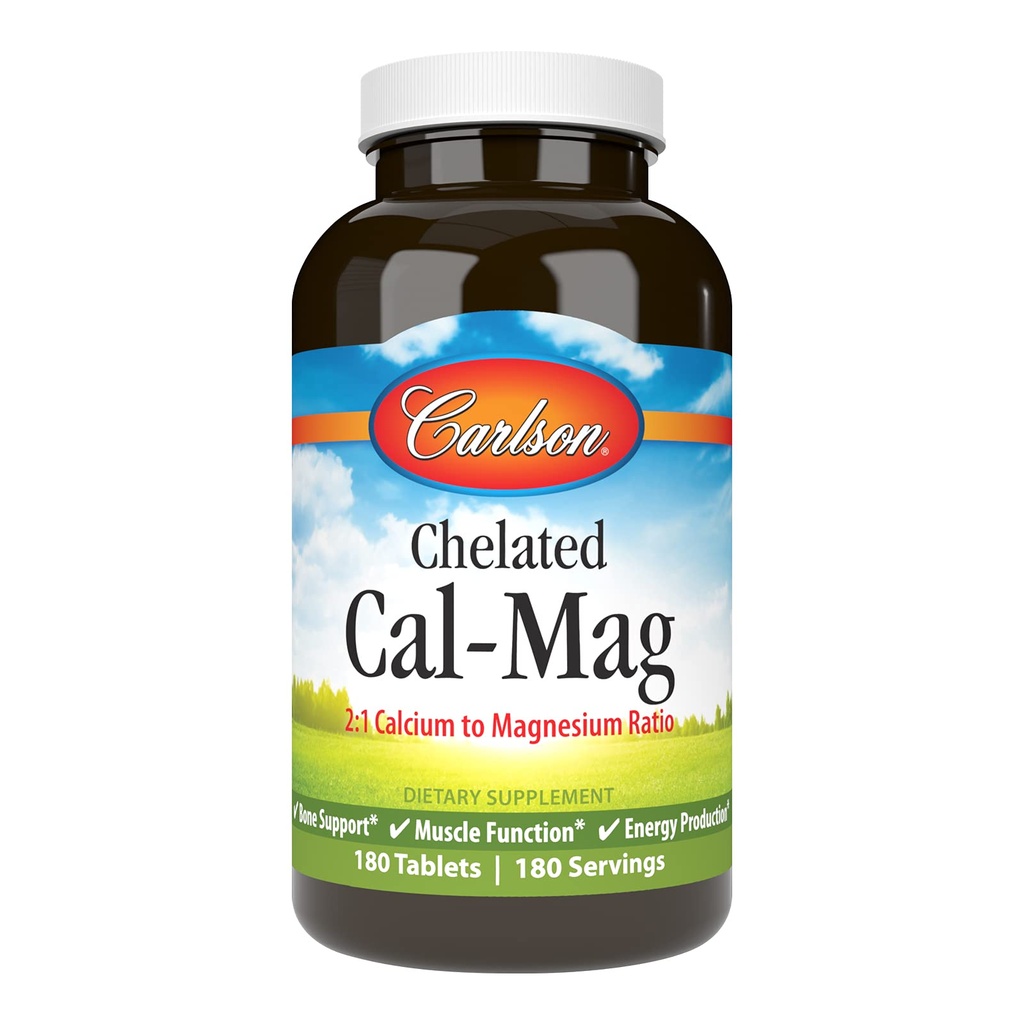 Carlson - Chelated Cal-Mag、マグネシウム比、2:1カルシウム、骨サポート、筋肉機能&エネルギー生産、180錠