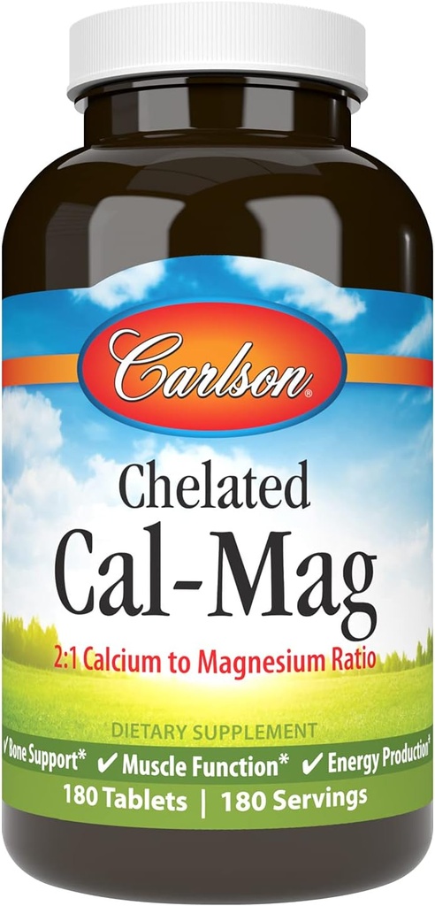 Carlson - Chelated Cal-Mag、マグネシウム比、2:1カルシウム、骨サポート、筋肉機能&エネルギー生産、180錠