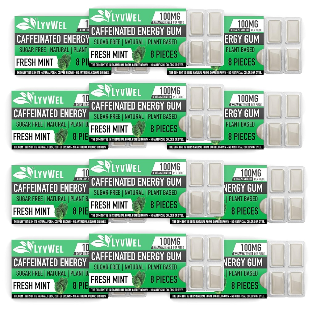 LyvWel Energy Gum | 100mgカフェイン per gem | すべて ナチュラル | 砂糖フリー プレワークアウトブースト: あなたのエッセンシャル エネルギー サプリメント に Awake- カートン 12 パック (ミント 12 パック)
