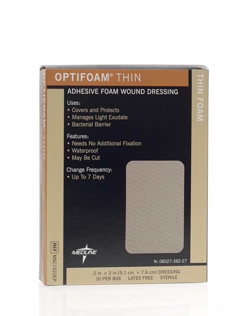 Medline Optifoam Thin Adhesive Dressings, 2" x 3" (Pack of 10)