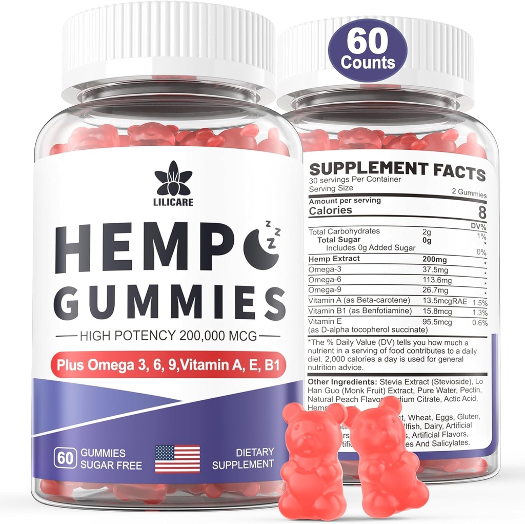 HempTotally Hemp Gummies 200mg、オメガ3 6、ビタミンA、E&B1、ゼロシュガー、60ガミー、30サービングと高効力ビーガン麻油