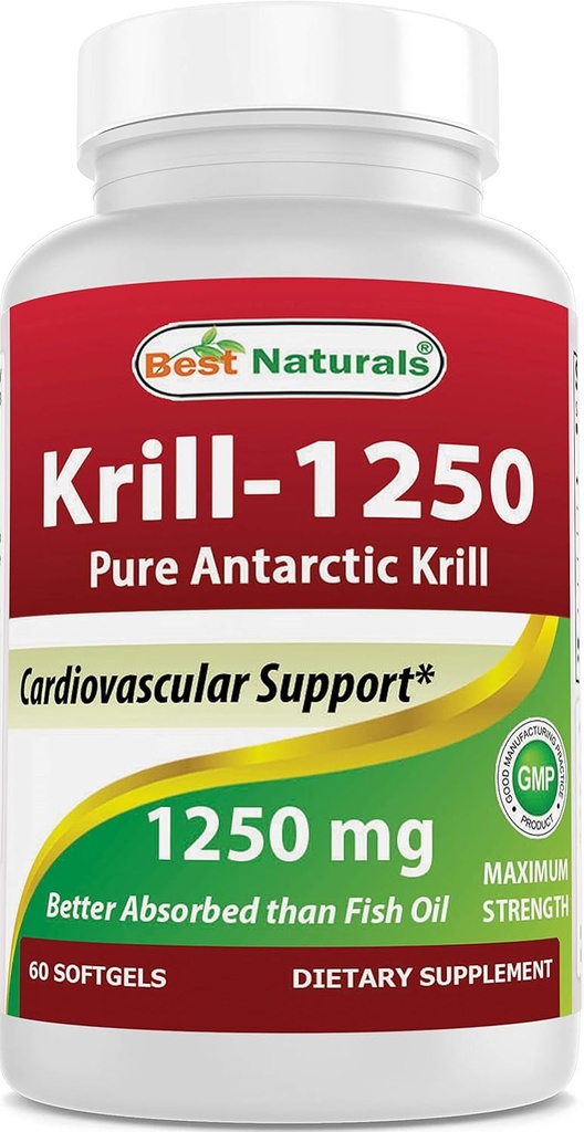 Best Naturals Pure Antarctic Krill Oil 1250 mg (Triple Strength) with Omega-3s EPA, DHA and Astaxanthin 60 Softgels