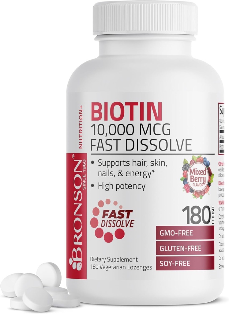 ブロンソン ビオチン 10,000 MCG Lozenges 速い Dissolve 高い効力は毛、皮及び釘の混合された果実味-非GMO、180 菜食主義者のロゼンジを支えます