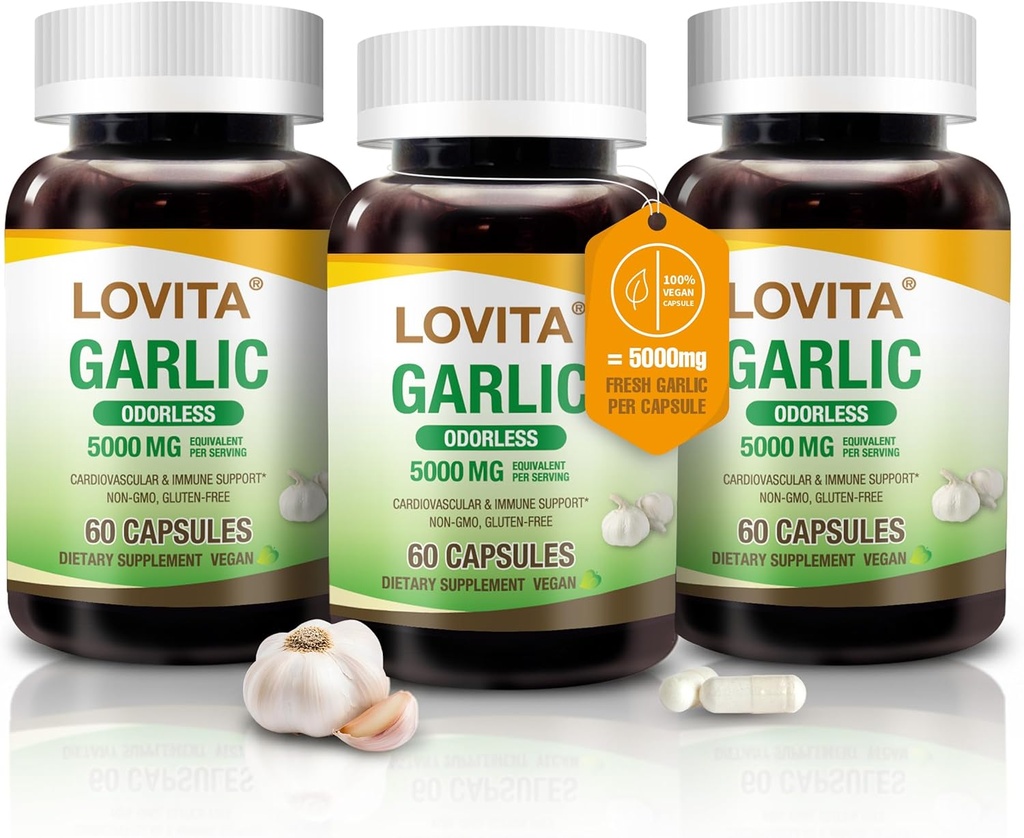 Lovita 無臭のニンニクのカプセル、5000mg の新しいニンニクの等価、1.25% アリシンのエキス、サポート ハート、血圧、コレステロール及び免疫システム、非GMO、グルテンフリー、180 ビーガンカプセル