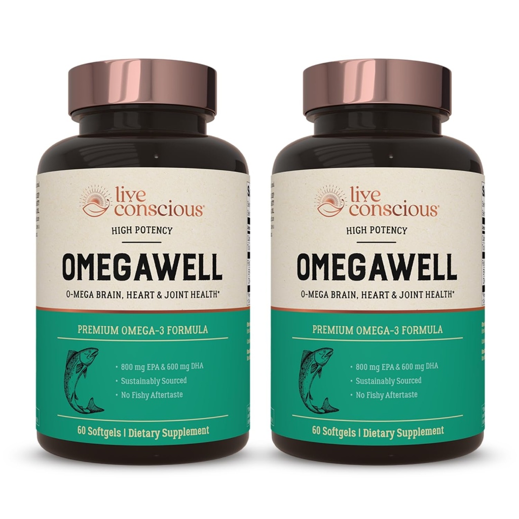 ライブコンシャスなオメガウェルフィッシュオイル:ハート、脳、ジョイントサポート | 800 mg EPA 600 mg DHA - 必然的に供給 - 飲みやすい120カウント(2パック)