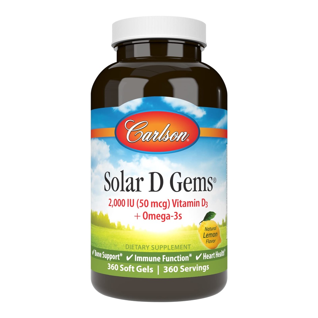 カールソン - ソーラーDジェム、ビタミンD3とオメガ-3サプリメント、2000 IU(50 mcg)ビタミンD3、115 mg Omega-3s EPAとDHAサプリメント、ワイルドキャッチ、持続的に供給、レモン、360 Softgels