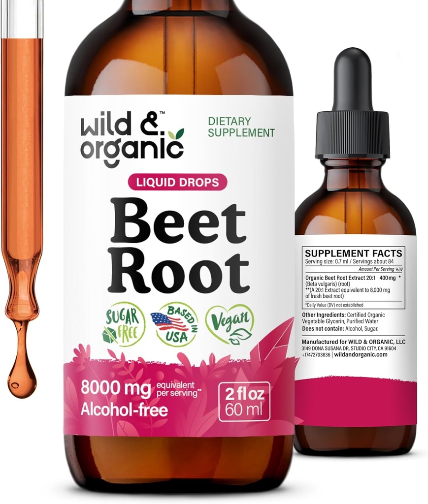 Wild & Organic Beet Root Tincture - 8000 mg Fresh Beetroot Extract Equivalent - Liquid Beet Root Supplements for Men & Women - 400 mg per Serving - Vegan, Alcohol & Sugar-Free - 2 fl oz