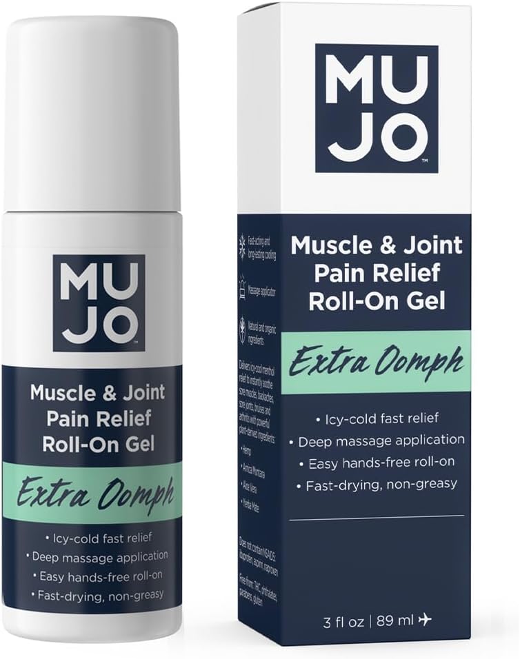 MUJO Extra Oomph - クイック痛みリリーフロールオンゲル + オーガニックメンソール + ICYマッスルリリーフ + メーリングメンソール + Aloe + Arnica - ジョイントとバックアッチ用 — 3 fl oz