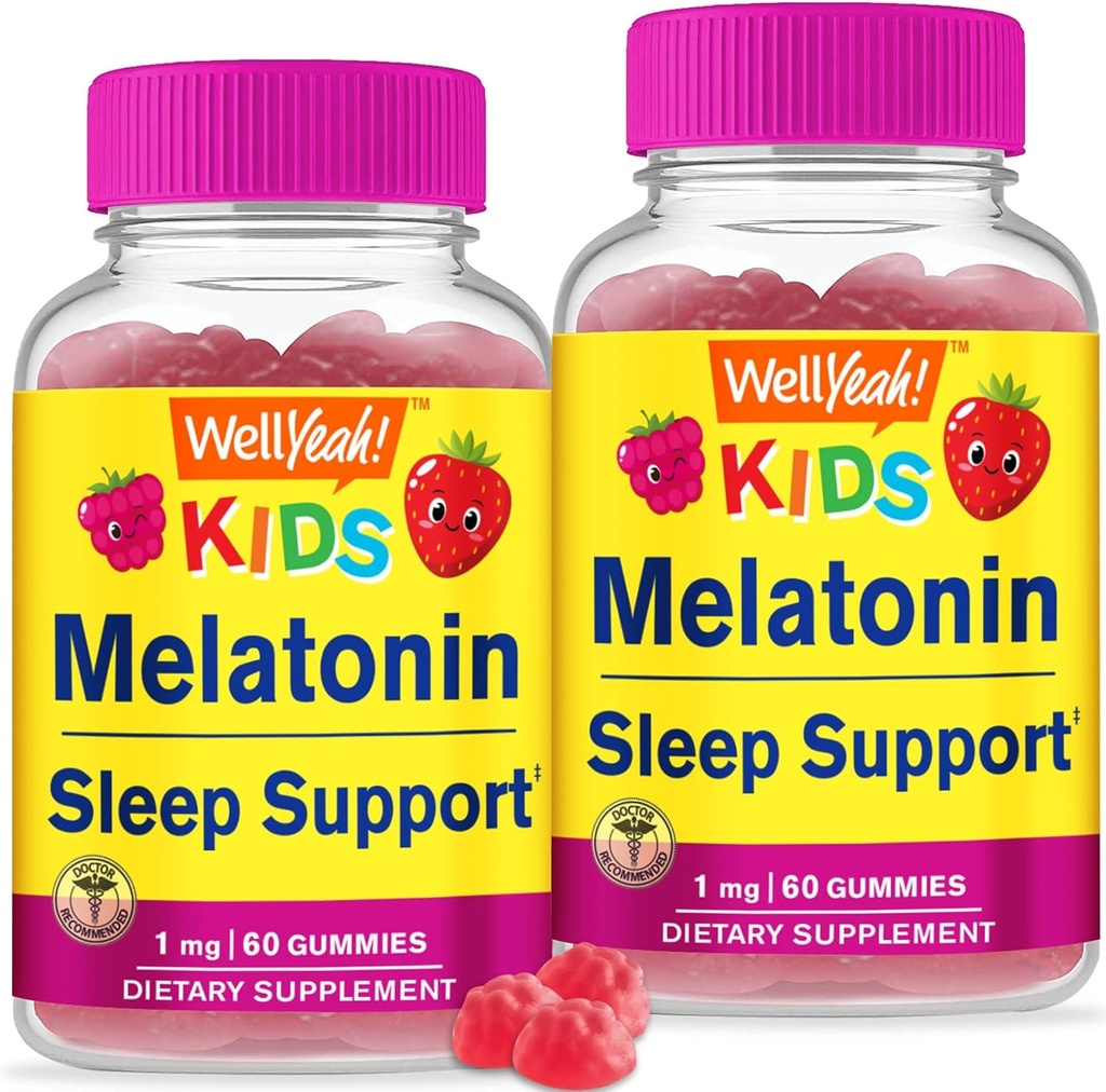 WellYeahキッズメラトニンガミー1mg(2パック) - 薬物のない睡眠補助食品、子供のための睡眠サポート - グルテンフリー、ゼラチン無料、非GMO、ベジタリアン - 天然由来の味 - 60グミ