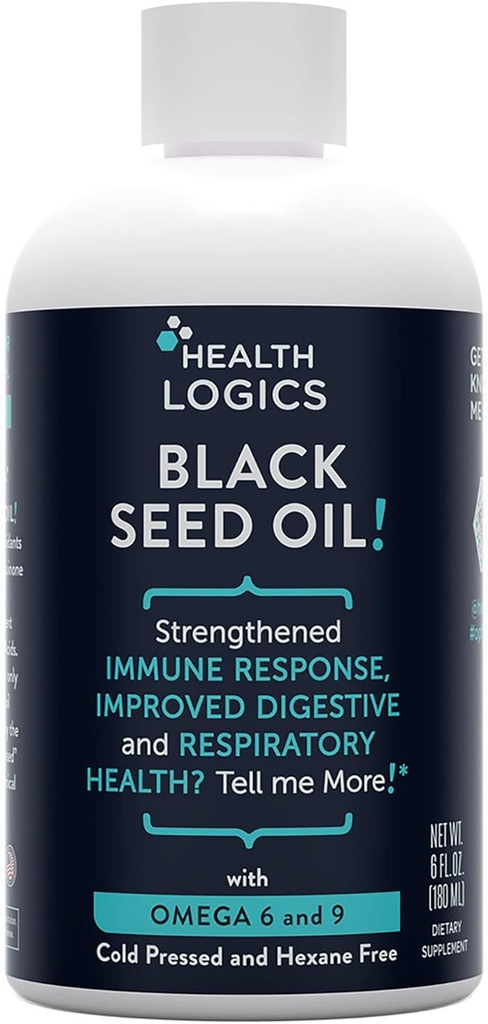 Health Logics Black Seed Oil | Rich Source of Omega 6 & Omega 9 | Pure Cold Pressed Black Cumin Seed Oil for Respiratory, Digestive, and Immune Health | 6 fl oz