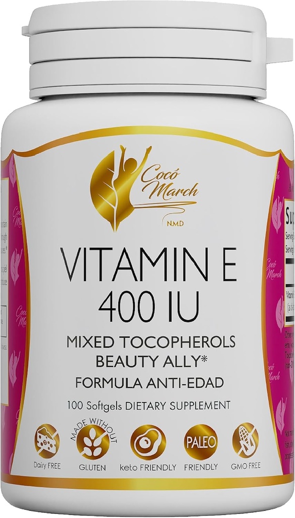 Cocó March N.M.D Natural Vitamin E 400 IU-Mixed Tocopherols, Beauty Ally, 3 Month Supply - Gluten Free, Paleo Friendly, Dairy Free, Keto Friendly, GMO Free, 100 Softgels