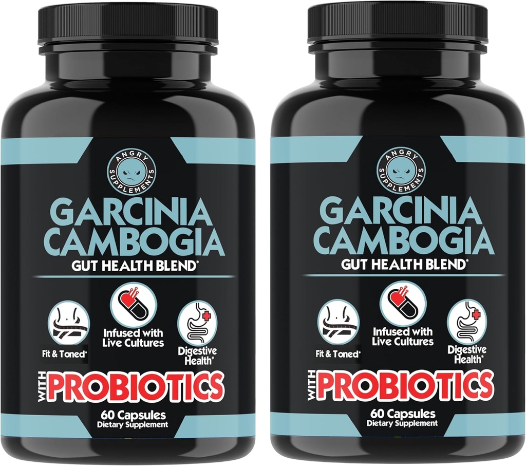 Angryは、プロバイオティクス、Gut Health Multivitamin w. Vitamins A、C、D、E、K、B2、亜鉛、セレン、銅、クロム+ハーブブレンドカプセル(2-ボトル、120ct合計)でガルシニアカンボジアを補います