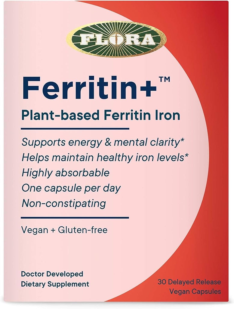 Flora Ferritin+ Delayed-Release Iron Supplement - Plant-Based Iron Supplement - Blood Cell & Energy Support - Vegan & Gluten-Free - Blister Pack - 30 Vegan Capsules