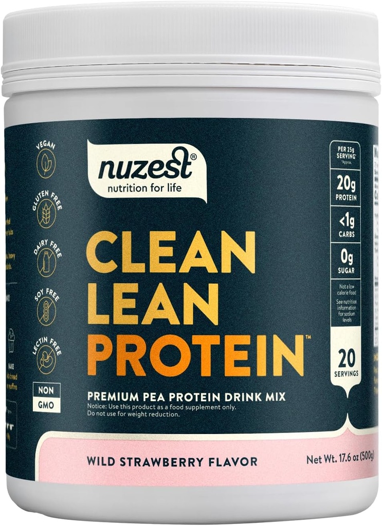 Nuzest - エンドウ豆プロテインパウダー - きれいなリーンプロテイン、プレミアムビーガン植物ベースのプロテインパウダー、乳製品無料、GMOフリー、タンパク質シェイク(1.1ポンド)、ワイルドストロベリー)