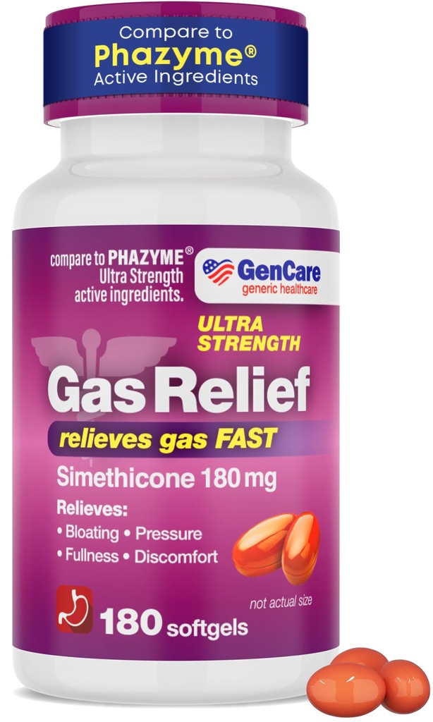 GenCare - 超強度シメチコンガスリリーフ 180 mg (180 Softgels) | アンチフラメンス、ブロッティングエイド、胃の不快感とガスの圧力リレバーの丸薬 | ガスを高速に取り除きます | ジェネリックファジーム