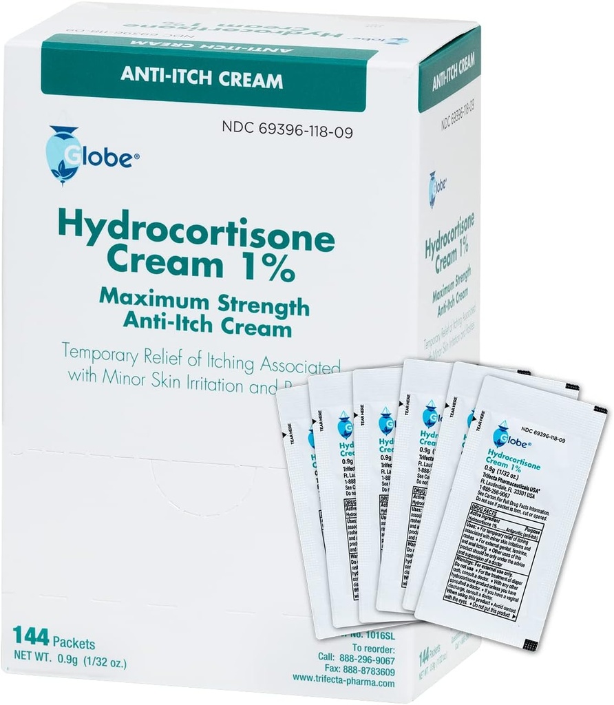 Globe (箱 144 の Hydrocortisone 1% の最高の強さのクリーム、(0.9g の単一のパケット)赤み、膨張、かゆみ、発疹、バグ/Mosquito のビット、Eczema、痔及び多くのための反イッチのクリーム