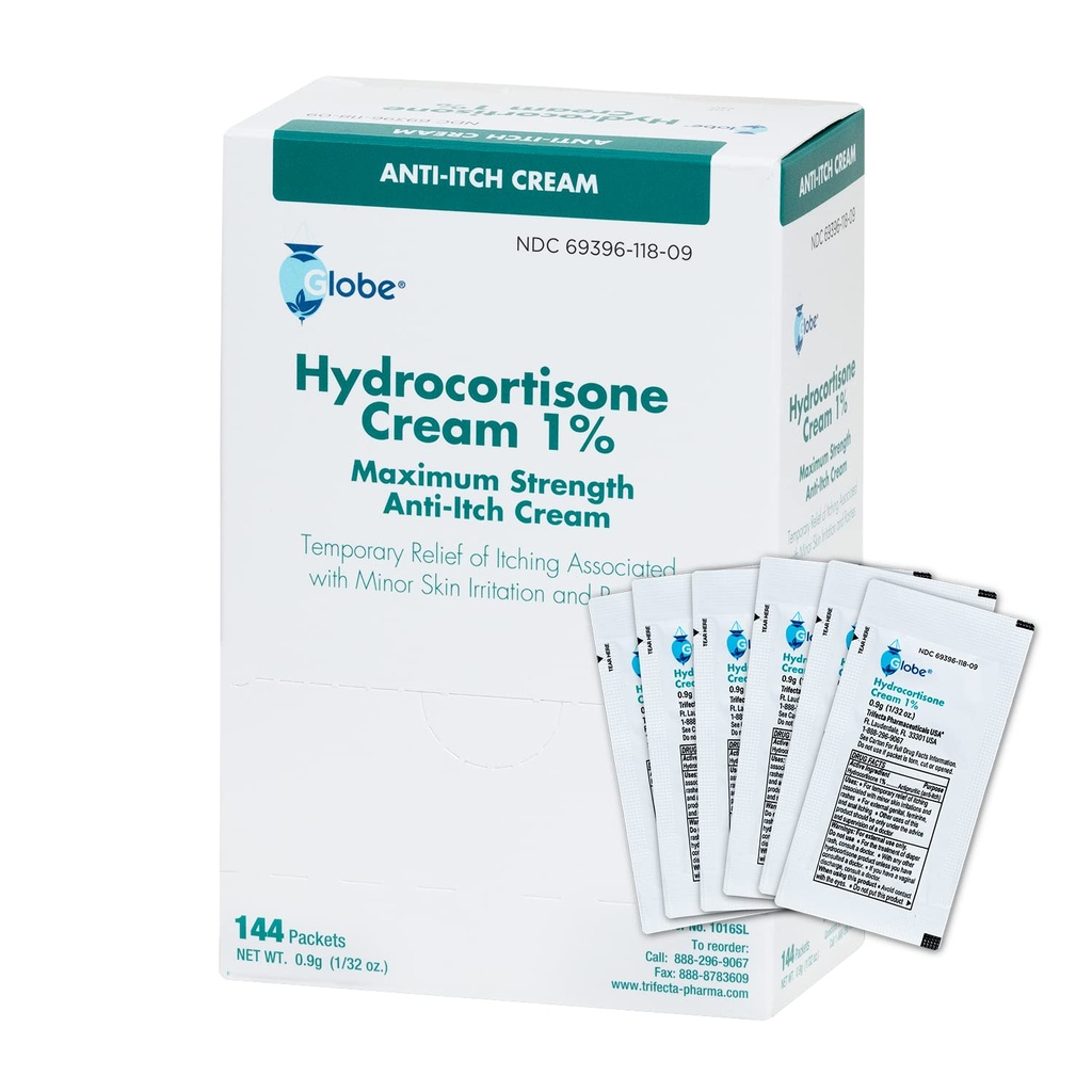 Globe (箱 144 の Hydrocortisone 1% の最高の強さのクリーム、(0.9g の単一のパケット)赤み、膨張、かゆみ、発疹、バグ/Mosquito のビット、Eczema、痔及び多くのための反イッチのクリーム
