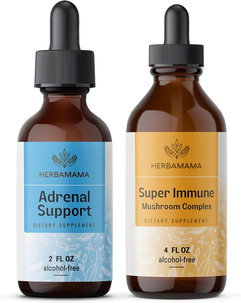 HERBAMAMA Adrenal Support and Super Immune Mushrom Blend Kit - Bundle of Liquid Adrenal Support Complex 2 fl oz & Super Immune Mushroom Drops 4 fl oz - Vegan, Non-GMO, Sugar & Alcohol-Free - 2 Pack
