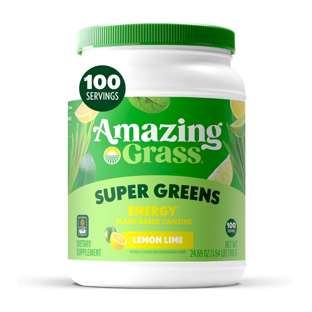 アメイジンググラスグリーンスーパーフードエナジー:スーパーグリーンパウダー&植物ベースのカフェイングリーンティー、ビートルートパウダー&フラックスシード、レモンライム、100サービング(5月パッケージ)