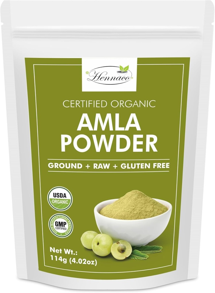 hennaco Organic Amla Powder|調理・スムージー・ジュースのアムラパウダー|Resealable Zipロックポーチ|USDA Organic|ピュア&ナチュラルインドのグーズベリーパウダー|114グラム(4 OZ)