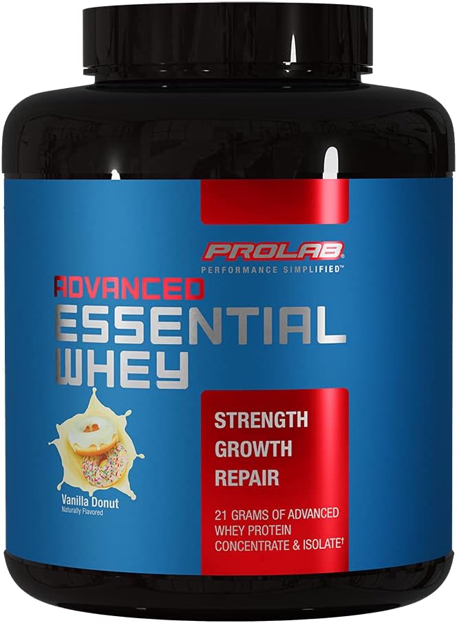 ProLabは、エッセンシャルWheyタンパク質粉末、Whey濃縮物&分離ブレンド、21gタンパク質、BCAA、消化酵素、筋肉サポート&回復(バニラドーナツ)