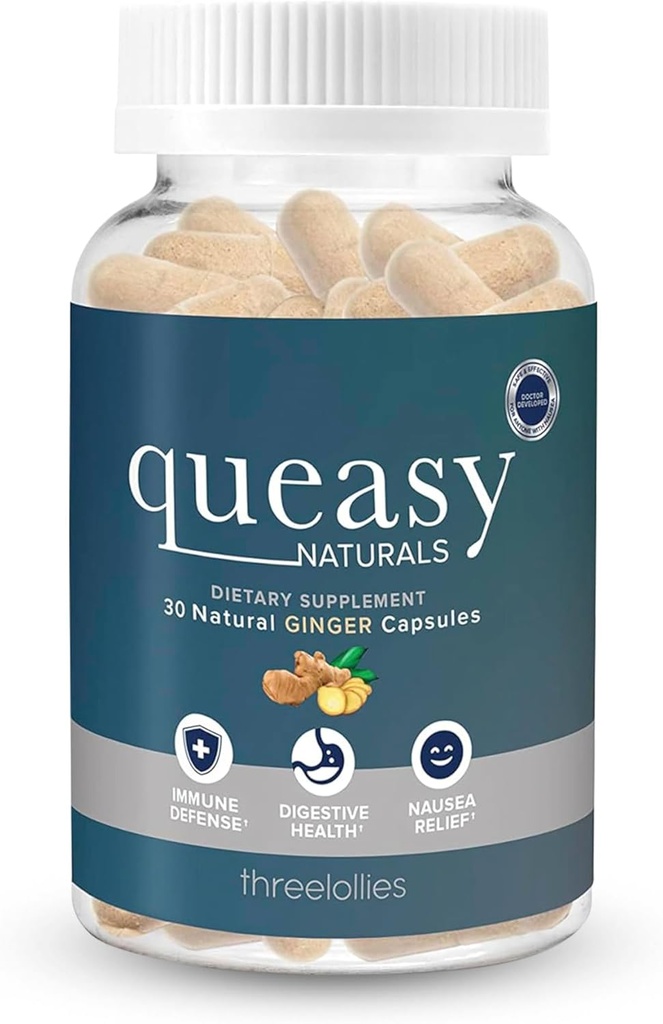 3つのLollies Queasyの自然なジンジャーのカプセル-非眠気の吐き気の救助の補足-化学療法のモーションの病気の防止及び吐き気の救助- 1000mgのジンジャーの根- 30の帽子