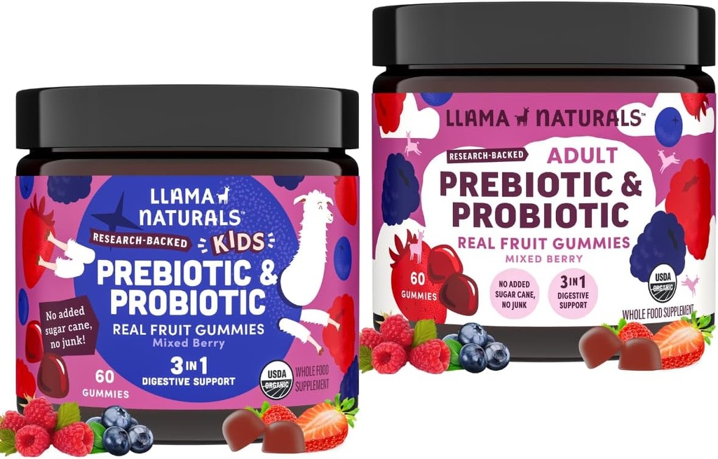 Llama Naturals Kids Pre & Probiotic Gummies + 大人 Pre & Probiotics バンドル | No add Sugar Cane | ヴィーガン | オーガニック | ミックスベリー風味 | 2 ボトル