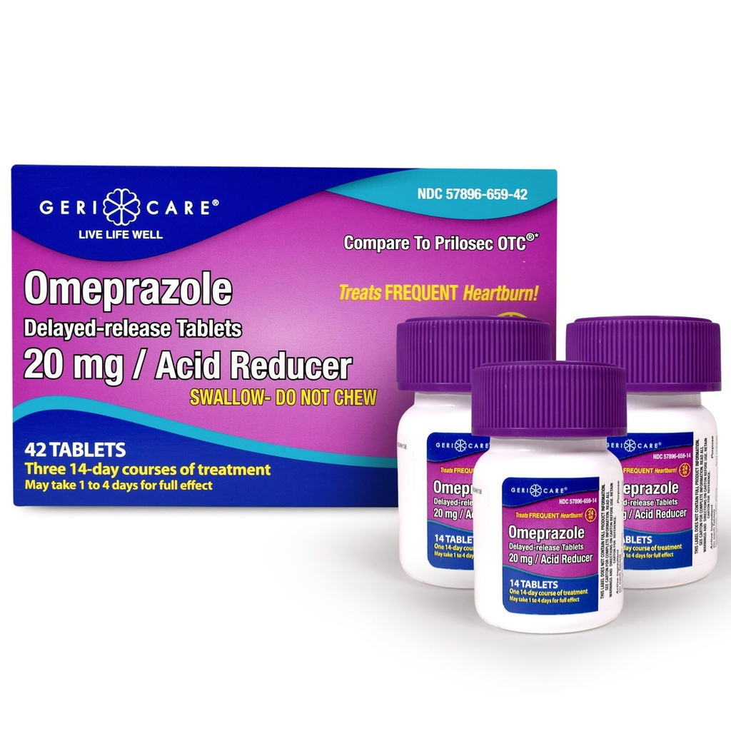 GeriCare Omeprazoleの遅れた解放は24時間のHeartburn救助のための20mg Stomachの酸の減力剤の丸薬-の酸の還流薬-頻繁なHeartburn-の反援助のタブレット(42の計算)を扱います