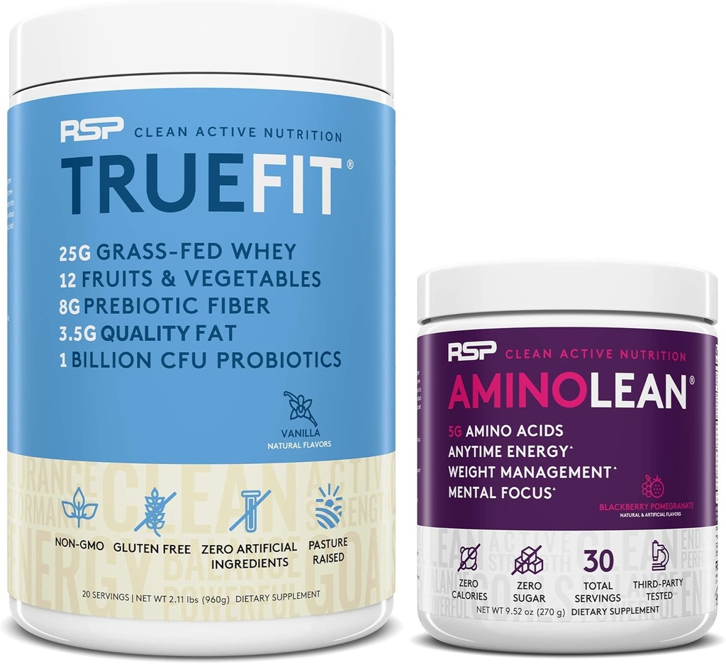 RSP NUTRITION AminoLeanプレワークアウトエネルギー(BlackBerry Pomegranate 30サービング)とTrueFitプロテインパウダー(Vanilla 2 LB)