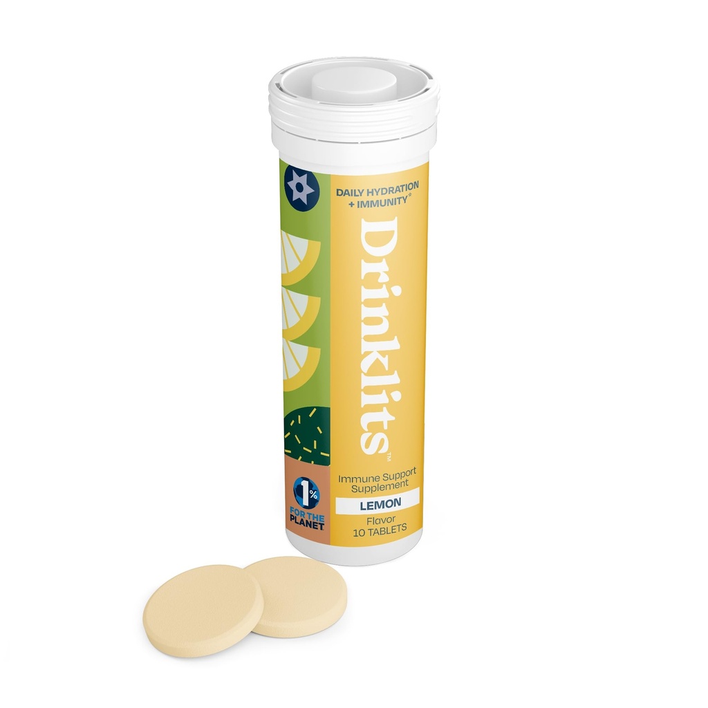 Drinklits レモン毎日の免疫サポート錠 | 0g 砂糖 - ビタミンC - 電解質 - 植物ブレンド | シングルチューブ(10錠/サービング)