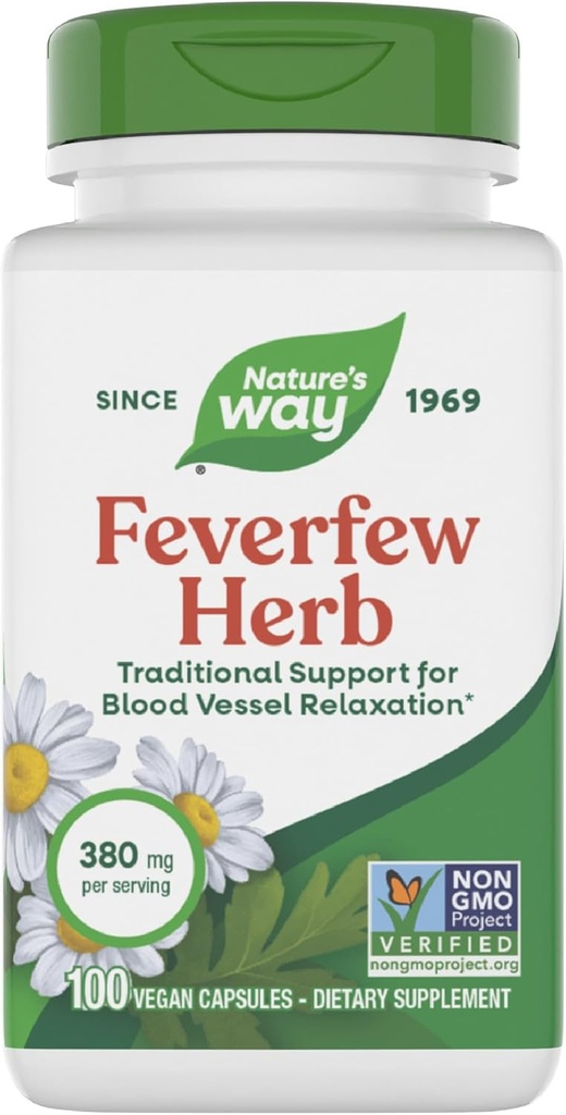 Nature's Way Feverfew Herb, 血液容器のリラックスのための伝統的なサポート*, サービングあたり380 mg, 非GMOプロジェクト検証済み, 100 ビーガンFeverfewカプセル (パッケージ 5 月 Vary)