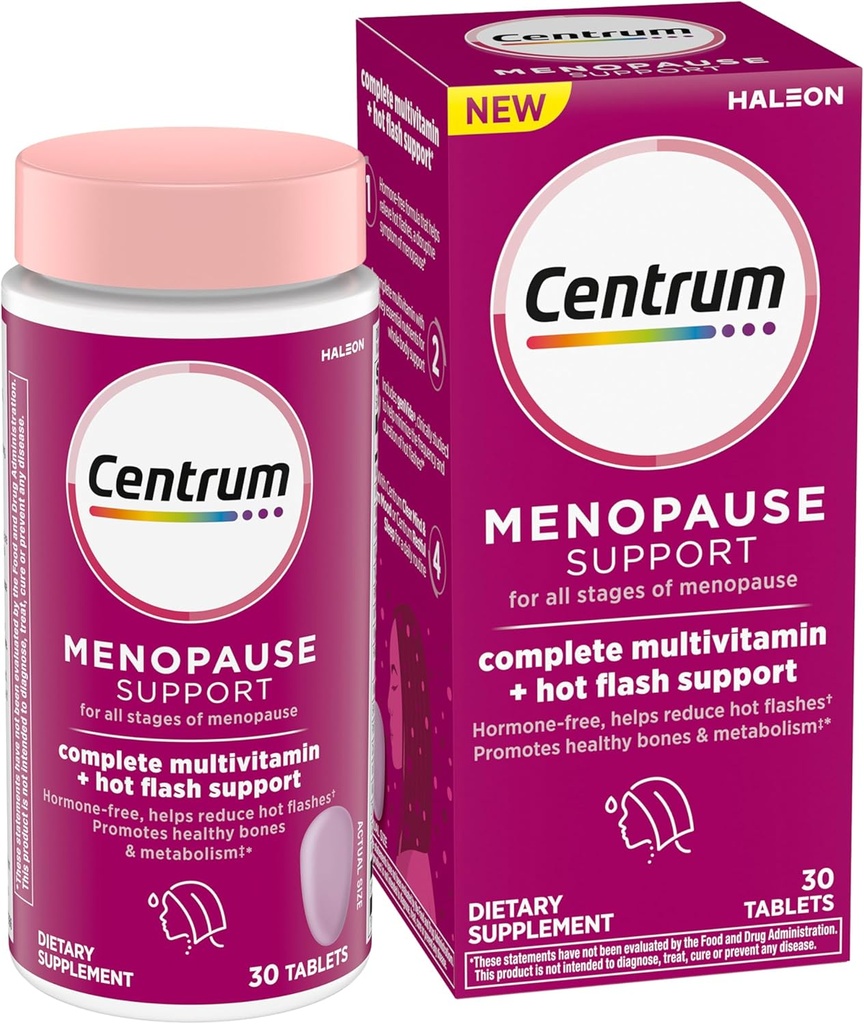 Centrum Complete Multivitamin Supplement + Hot Flash Support Menopause Support Tablets, with Clinically Studied geniVida, 30 Count