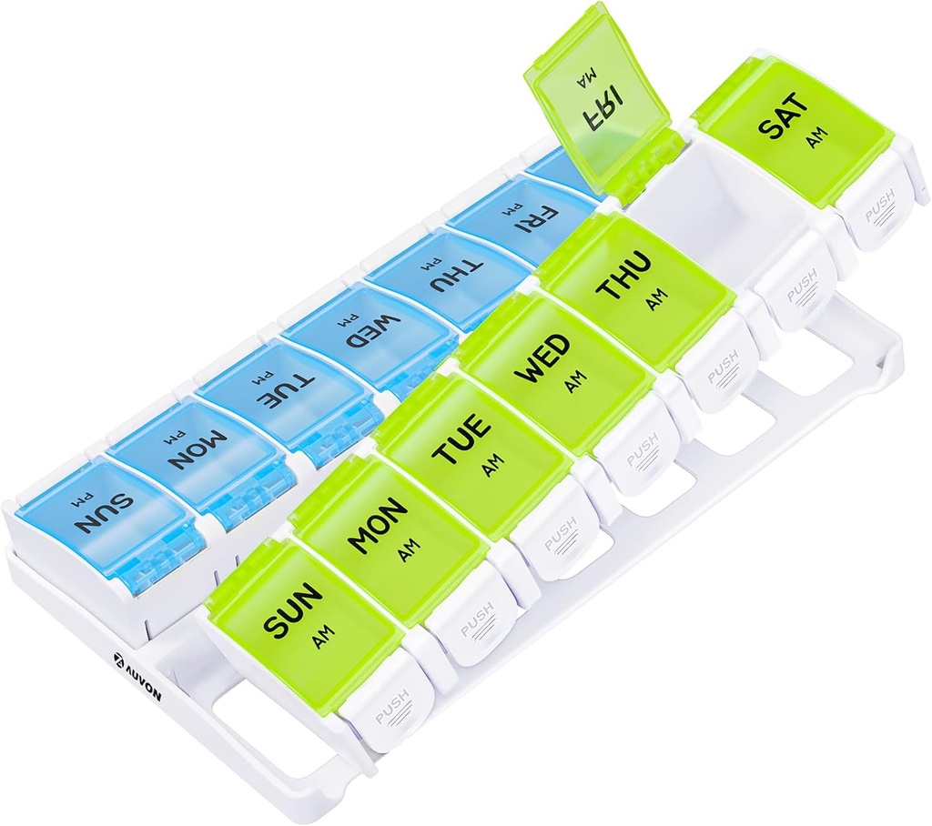 AUVONウィークリーピルオーガナイザー2は、春のオープンデザイン、BPAフリー7デイAM PM Pill Boxケースと9つの魚油、サプリメント、医薬品を握る大きな分離コンパートメント